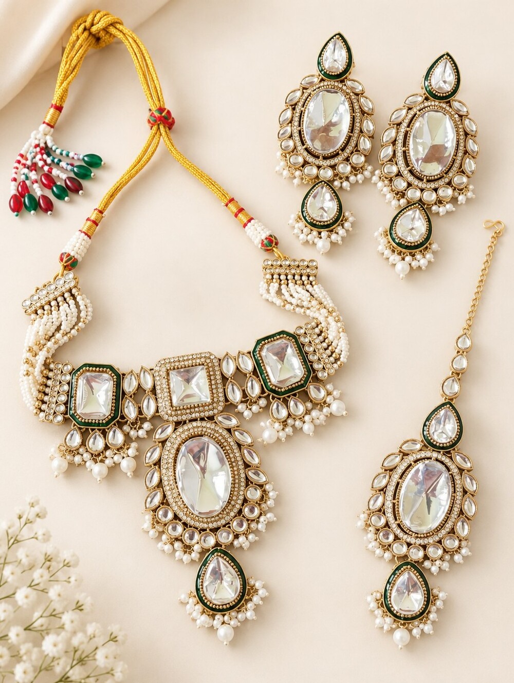 White Kundan Choker Jewelry Set with Earrings & Maang Tikka for Wedding